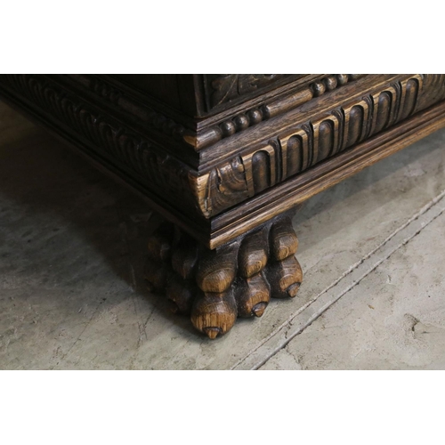 705 - 19th century Dark Oak Twin Pedestal Desk with three carved front drawers, each pedestal with heavily... 