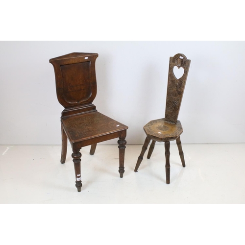 708 - 19th century Mahogany Hall Chair with shield shape back, 95cm high x 48cm wide together with a Carve... 