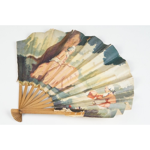 225 - An antique French paper fan with figural decoration on wooden frame, marked the Ritz Restaurant to v... 