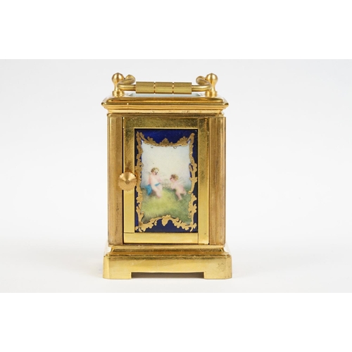 232 - A miniature antique brass cased carriage clock with enamel panels with cherub decoration.