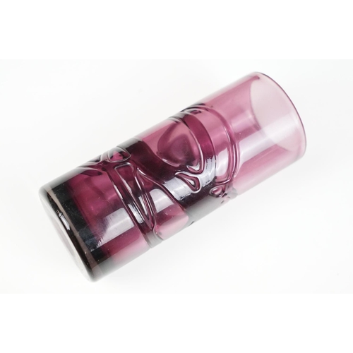 24 - Geoffrey Baxter for Whitefriars Random Strapped cylindrical glass vase, in the Aubergine colourway, ... 