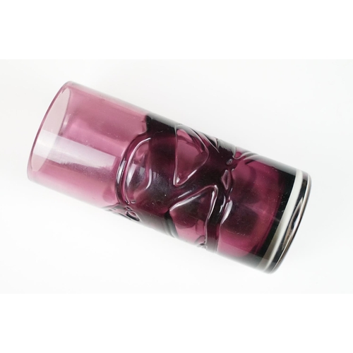 24 - Geoffrey Baxter for Whitefriars Random Strapped cylindrical glass vase, in the Aubergine colourway, ... 