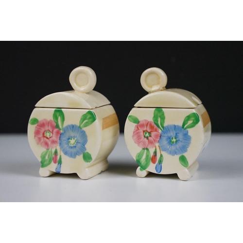 28 - Clarice Cliff for Newport Pottery five piece cruet set of 'Bonjour' form, with hand painted floral d... 