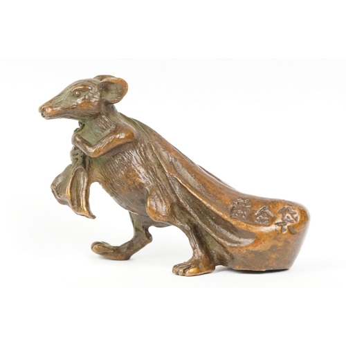 315 - An ornamental chinese bronze lucky fortune rat with bag.