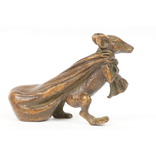 315 - An ornamental chinese bronze lucky fortune rat with bag.