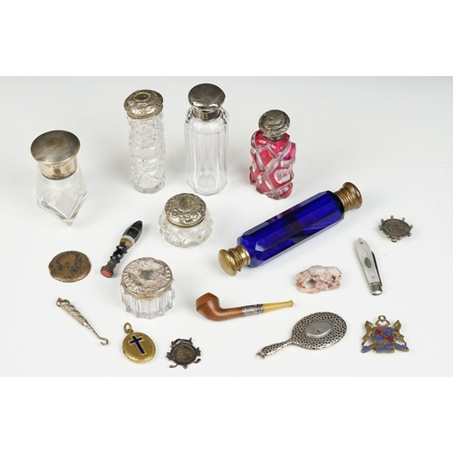 321 - A small group of mixed collectables to include glass scent bottles to sterling silver lids, banded a... 