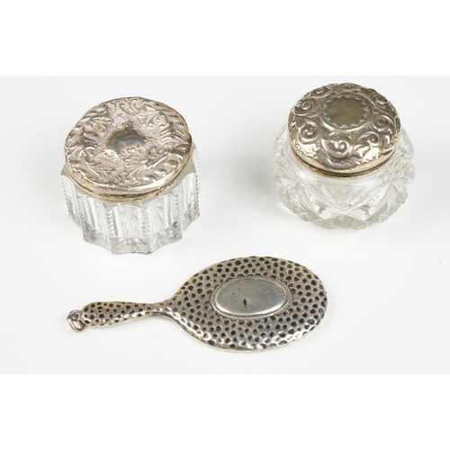 321 - A small group of mixed collectables to include glass scent bottles to sterling silver lids, banded a... 