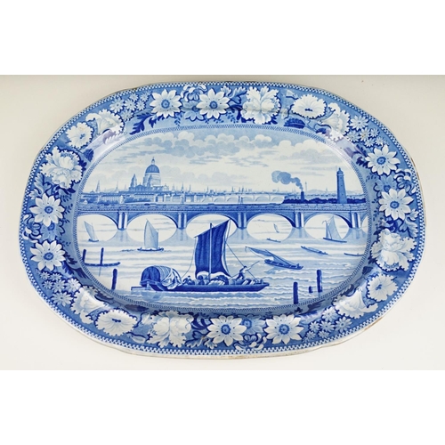 33 - 19th Century Staffordshire 'View of London' blue & white transfer printed meat platter, with floral ... 