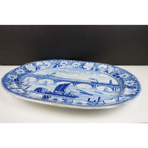 33 - 19th Century Staffordshire 'View of London' blue & white transfer printed meat platter, with floral ... 