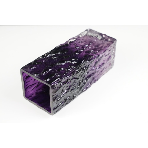 5 - Whitefriars Style Purple / Aubergine Textured Glass Vase, of square form, approx 21.5cm high