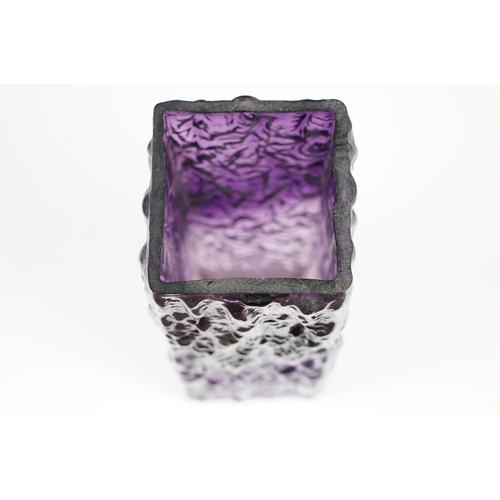 5 - Whitefriars Style Purple / Aubergine Textured Glass Vase, of square form, approx 21.5cm high