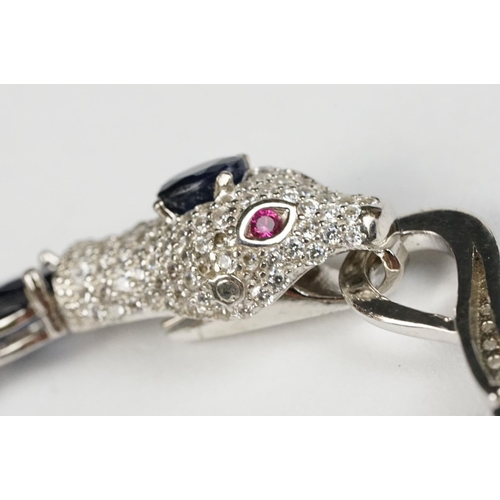 261 - Silver and Sapphire Line Bracelet with CZ Snake Head Clasp