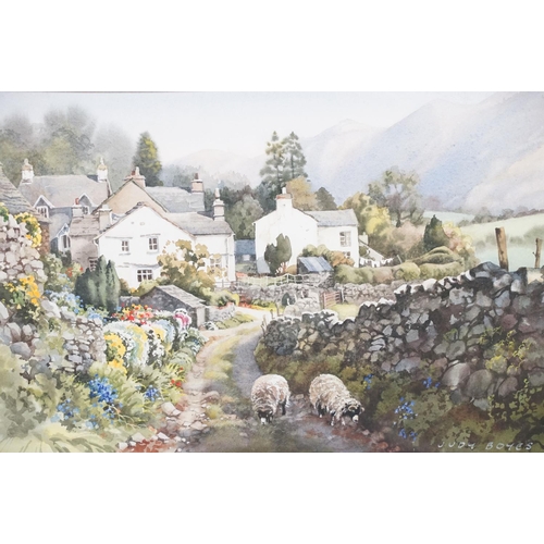 525 - Judy Boyes, Lake District scene, watercolour, 24 x 37.5cm, signed lower right, label verso for Judy ... 