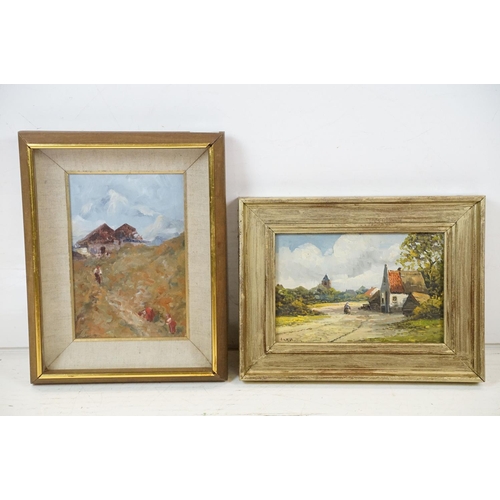 526 - Oil on Panel signed Rural Scene with Cottage and Figure together with an Oil of Alpine View with Fig... 