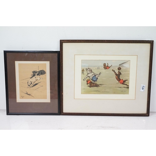 528 - Boris O'Klein Humorous Print of Dogs playing Football, 19 x 26.5cm together with a 1902 Cecil Aldin ... 