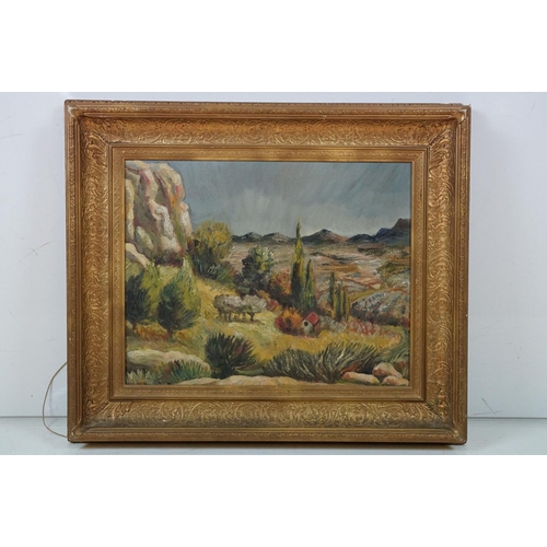 540 - Early 20th Century oil on board painting depicting a continental mountainous landscape scene set wit... 