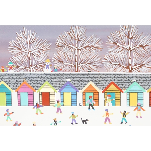 541 - Gordon Barker (b.1960), snowmen, beach huts and boats, acrylic, signed lower right, 28.5 x 38.5cm, f... 