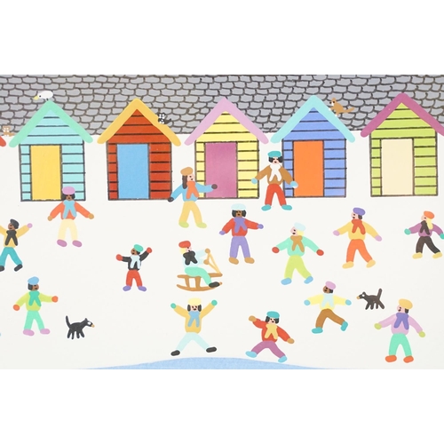 541 - Gordon Barker (b.1960), snowmen, beach huts and boats, acrylic, signed lower right, 28.5 x 38.5cm, f... 