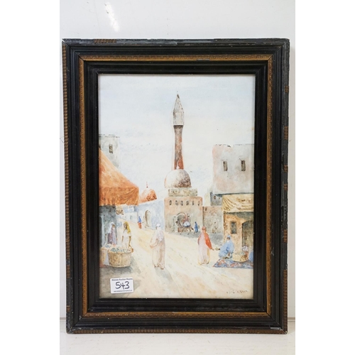 543 - Early 20th century Signed Watercolour Middle Eastern Town View with figures, 36.5cm x 25.5cm, framed... 