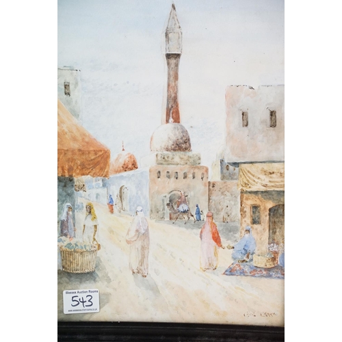 543 - Early 20th century Signed Watercolour Middle Eastern Town View with figures, 36.5cm x 25.5cm, framed... 