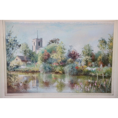 549 - Jocelyn Galsworthy, church by a river, pastel, signed in pencil lower left, 27.5 x 40cm, Abstract Sc... 