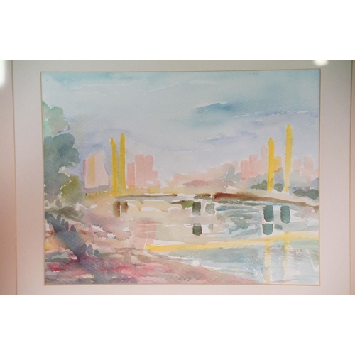 549 - Jocelyn Galsworthy, church by a river, pastel, signed in pencil lower left, 27.5 x 40cm, Abstract Sc... 