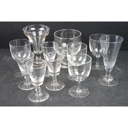 100 - Collection of 19th Century glasses to include a rummer etched 'Sorton' to the bowl, four small bucke... 