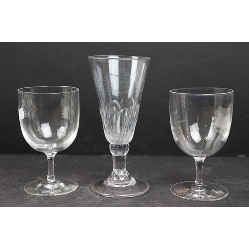 100 - Collection of 19th Century glasses to include a rummer etched 'Sorton' to the bowl, four small bucke... 