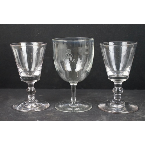 100 - Collection of 19th Century glasses to include a rummer etched 'Sorton' to the bowl, four small bucke... 