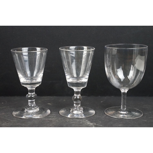 100 - Collection of 19th Century glasses to include a rummer etched 'Sorton' to the bowl, four small bucke... 