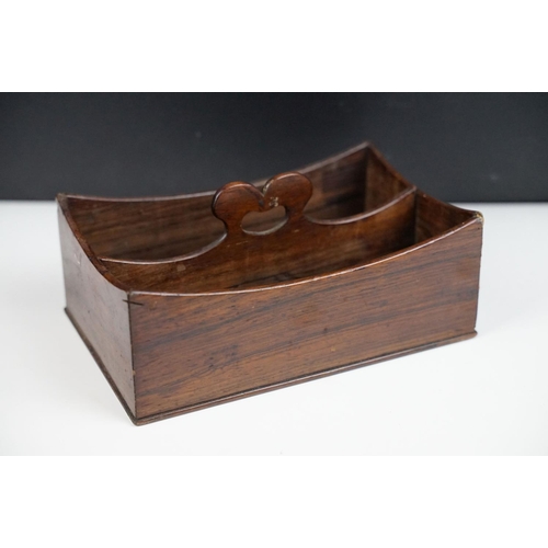 134 - 19th century Small Rosewood Twin Compartment Cutlery Tray with pierced carrying handle, 20cm long