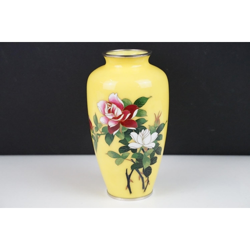 136 - Japanese Ando style Cloisonne Vase decorated with roses on a yellow ground, 19cm high