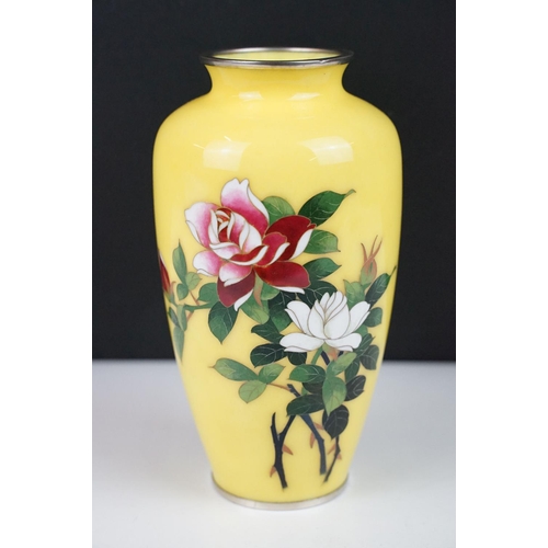 136 - Japanese Ando style Cloisonne Vase decorated with roses on a yellow ground, 19cm high