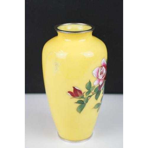 136 - Japanese Ando style Cloisonne Vase decorated with roses on a yellow ground, 19cm high