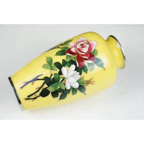 136 - Japanese Ando style Cloisonne Vase decorated with roses on a yellow ground, 19cm high