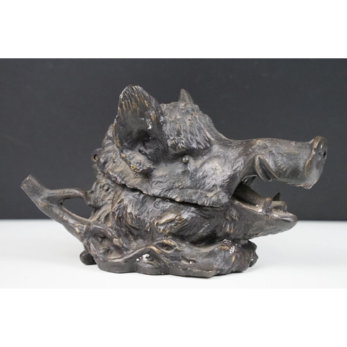 137 - Patinated metal novelty desk inkwell in the form of a boar (with liner), plus a cast metal dish of l... 