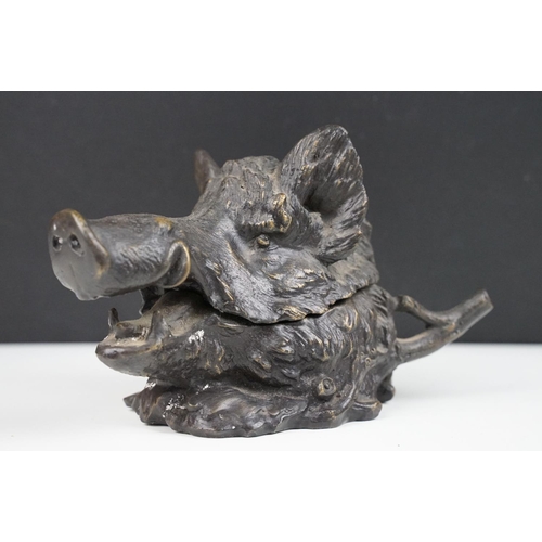 137 - Patinated metal novelty desk inkwell in the form of a boar (with liner), plus a cast metal dish of l... 