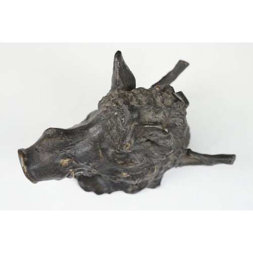 137 - Patinated metal novelty desk inkwell in the form of a boar (with liner), plus a cast metal dish of l... 