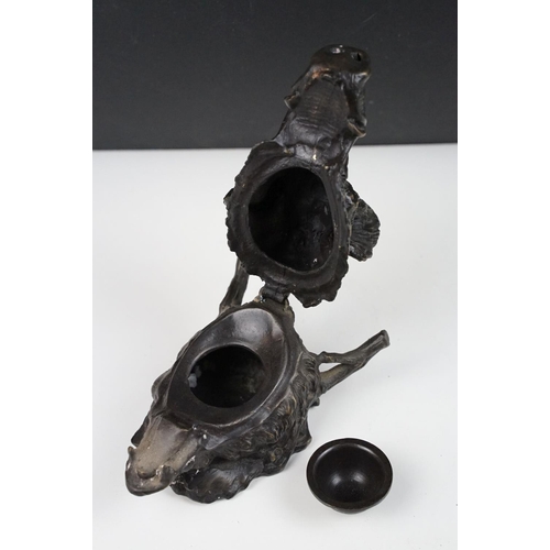 137 - Patinated metal novelty desk inkwell in the form of a boar (with liner), plus a cast metal dish of l... 