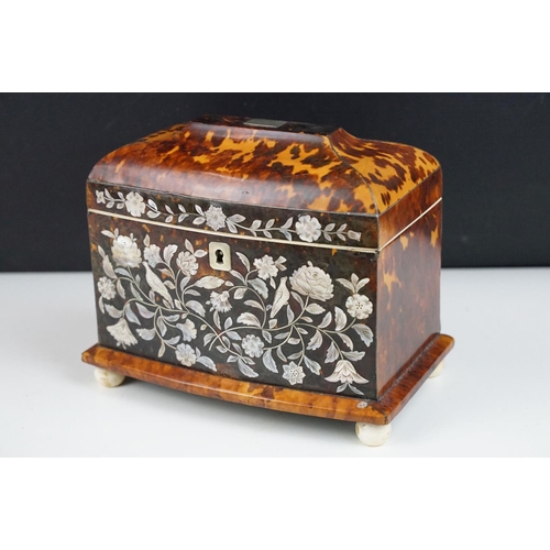 141 - 19th Century tortoiseshell twin compartment tea caddy, of sarcophagus form, with detailed mother of ... 