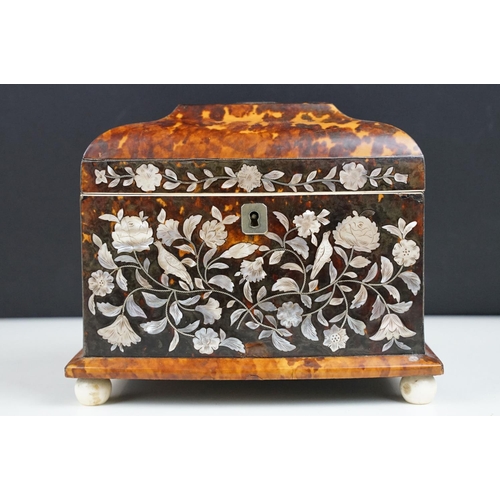 141 - 19th Century tortoiseshell twin compartment tea caddy, of sarcophagus form, with detailed mother of ... 