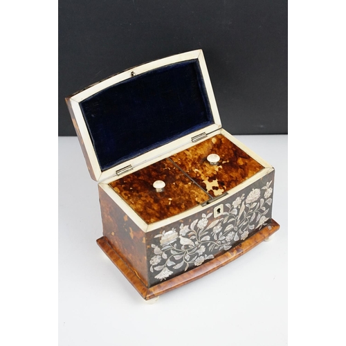 141 - 19th Century tortoiseshell twin compartment tea caddy, of sarcophagus form, with detailed mother of ... 