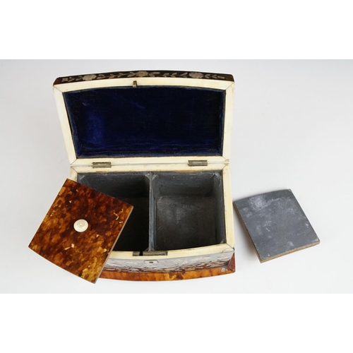 141 - 19th Century tortoiseshell twin compartment tea caddy, of sarcophagus form, with detailed mother of ... 