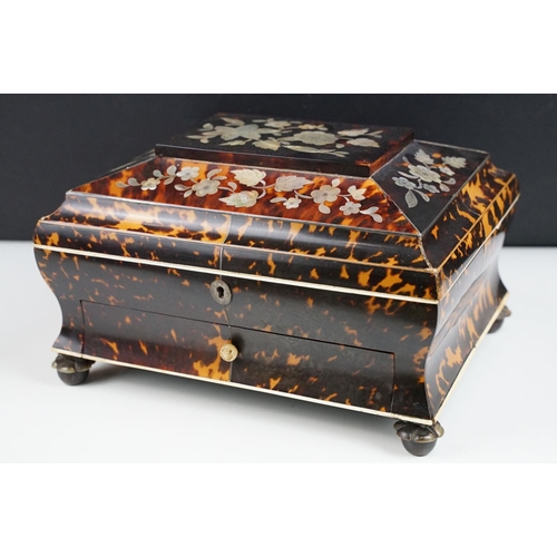 143 - 19th century tortoiseshell sarcophagus sewing box, with mother of pearl inlaid floral decoration, op... 