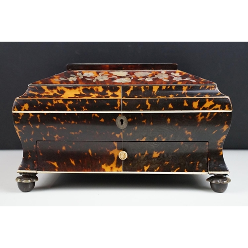 143 - 19th century tortoiseshell sarcophagus sewing box, with mother of pearl inlaid floral decoration, op... 