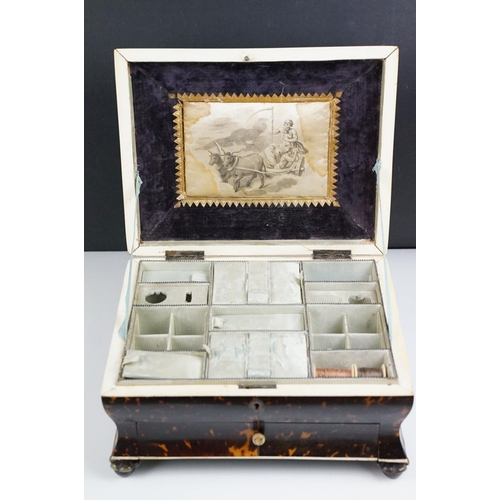 143 - 19th century tortoiseshell sarcophagus sewing box, with mother of pearl inlaid floral decoration, op... 