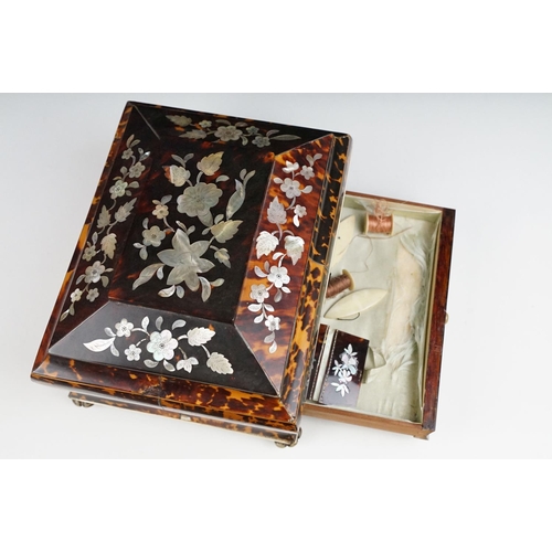 143 - 19th century tortoiseshell sarcophagus sewing box, with mother of pearl inlaid floral decoration, op... 