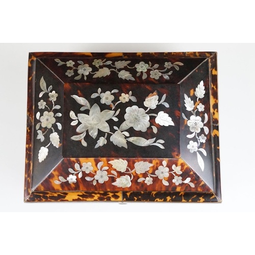 143 - 19th century tortoiseshell sarcophagus sewing box, with mother of pearl inlaid floral decoration, op... 