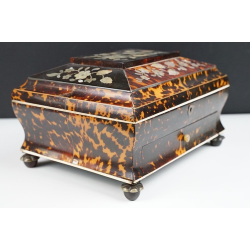 143 - 19th century tortoiseshell sarcophagus sewing box, with mother of pearl inlaid floral decoration, op... 