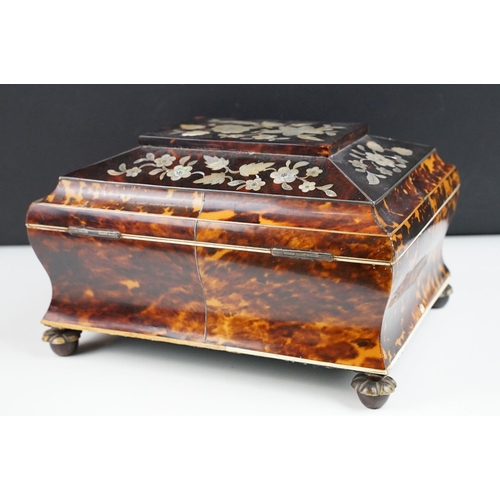 143 - 19th century tortoiseshell sarcophagus sewing box, with mother of pearl inlaid floral decoration, op... 